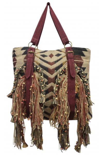 Fringed jacquard shoulder bag